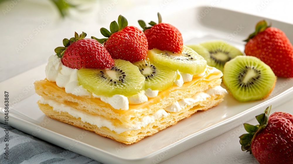 Mille-Feuille topped with fresh fruit, placed on a white ceramic dish, with sliced kiwi and strawberries on the side Mille-Feuille topped with fresh fruit, placed on a white ceramic dish, with sliced kiwi and strawberries on the side