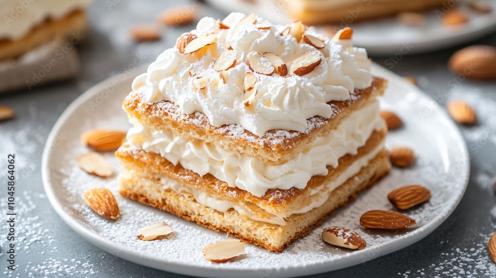 Mille-Feuille topped with whipped cream, isolated on a white ceramic plate, surrounded by sliced almonds and powdered sugar Mille-Feuille topped with whipped cream, isolated on a white ceramic plate, surrounded by sliced almonds and powdered sugar