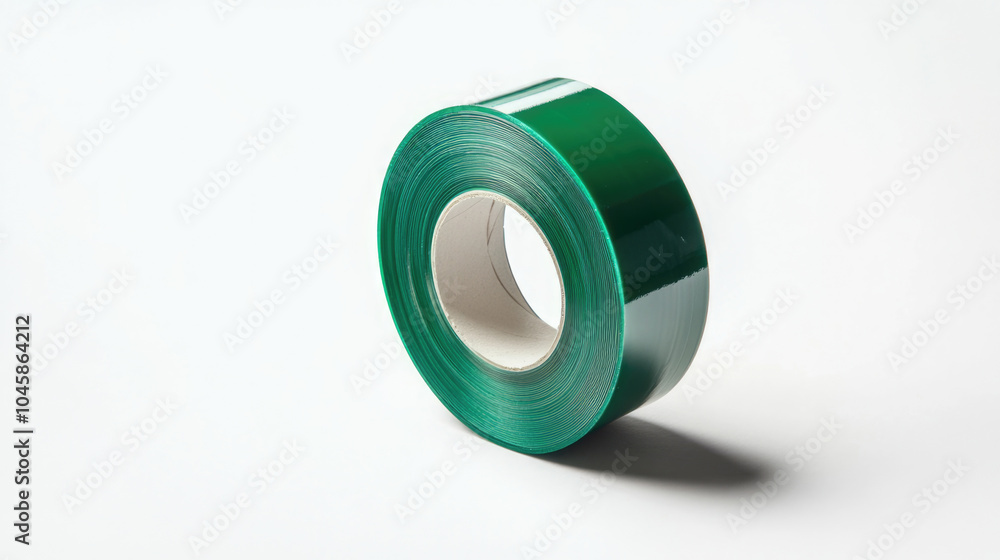 A shiny, smooth green tape roll stands upright on a light shadowed background, exuding functionality and simplicity with a modern, polished look. A shiny, smooth green tape roll stands upright on a light shadowed background, exuding functionality and simplicity with a modern, polished look.