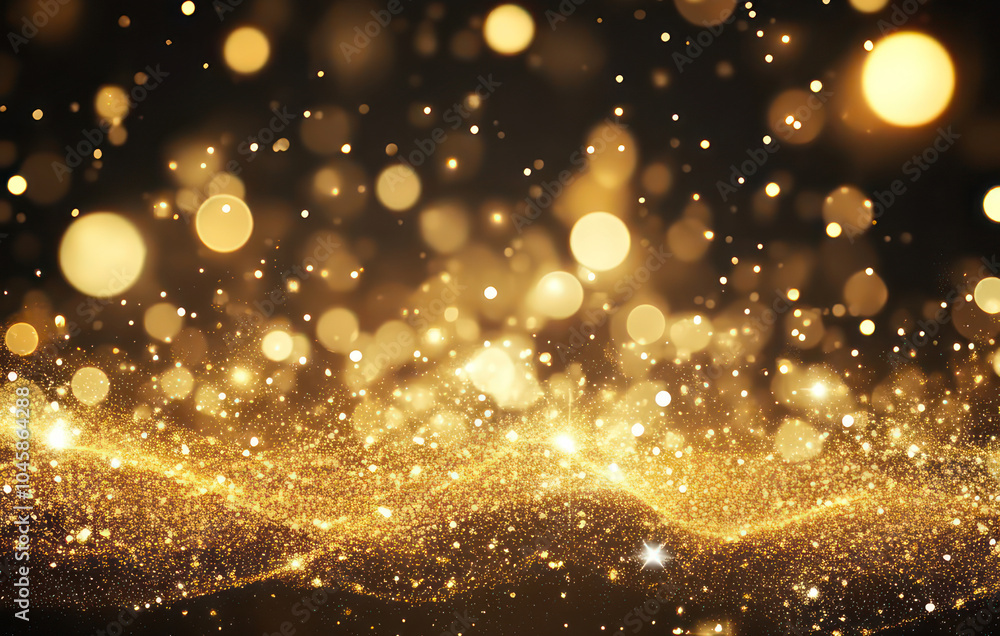 Obraz premium Golden christmas particles and sprinkles for a holiday celebration like christmas or new year. shiny golden lights. wallpaper background for ads or gifts wrap and web design. High Quality Image