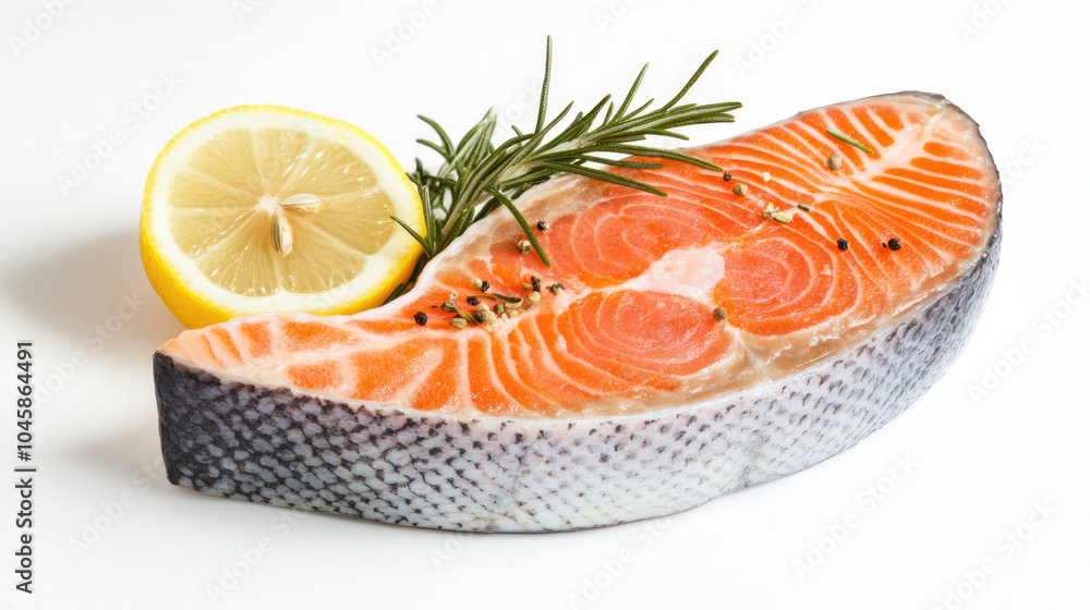 A fresh raw salmon steak placed on a white background, accompanied by a slice of lemon and a sprig of rosemary, perfect for culinary presentations. A fresh raw salmon steak placed on a white background, accompanied by a slice of lemon and a sprig of rosemary, perfect for culinary presentations.