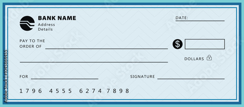 Blank money cheque. Bank check. Blue Check book template with pattern and empty fields. Currency payment coupon, US dollar check background.