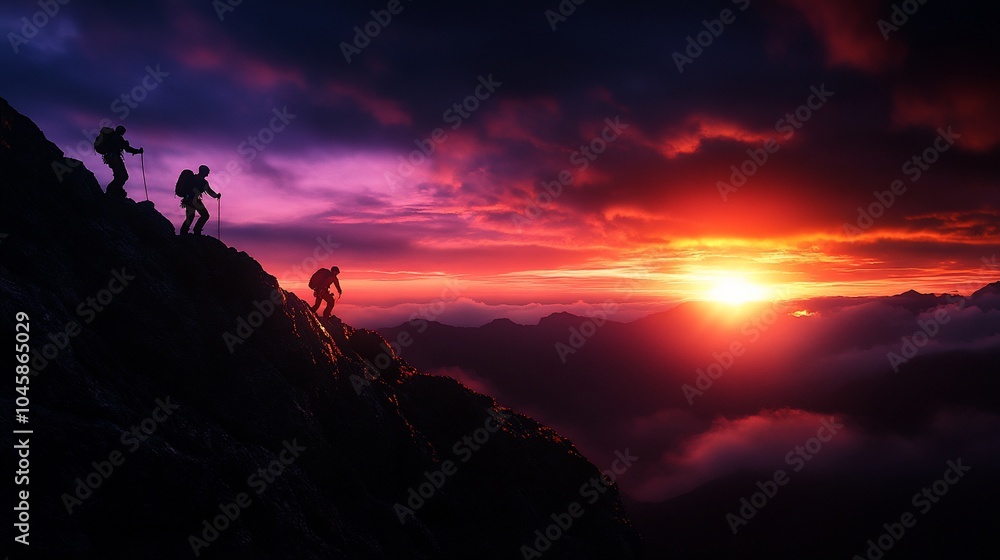 Three hikers silhouetted against a dramatic sunset sky as they ascend a mountain ridge. Three hikers silhouetted against a dramatic sunset sky as they ascend a mountain ridge.