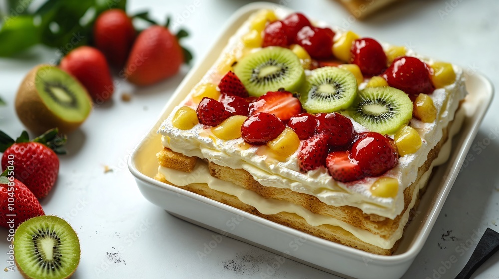 Mille-Feuille with fruit toppings, placed on a white ceramic dish, surrounded by fresh strawberries and kiwi slices Mille-Feuille with fruit toppings, placed on a white ceramic dish, surrounded by fresh strawberries and kiwi slices
