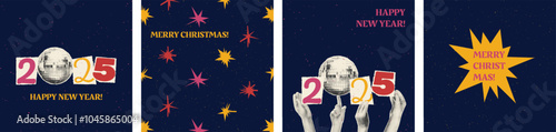 New year halftone collage cards, posters, banners set. Cut out of magazine shapes, dotted vintage texture,doodle stars. Christmas modern retro vector illustration