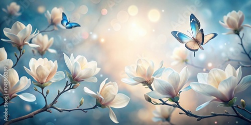Fototapeta Naklejka Na Ścianę i Meble -  Soft and serene image of creamy magnolia flowers with dew and blue butterflies silhouette