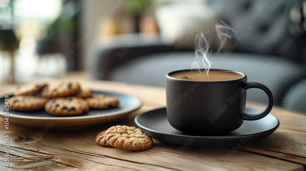 A steaming cup of coffee with cookies on a wooden table. A steaming cup of coffee with cookies on a wooden table.