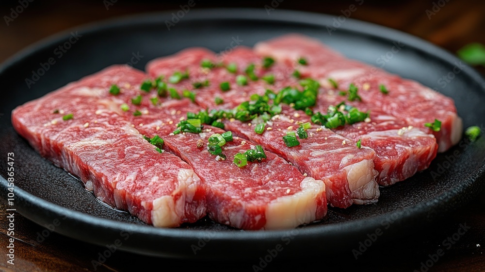 Raw beef slices with green onions on a black plate, ready to be cooked. Raw beef slices with green onions on a black plate, ready to be cooked.