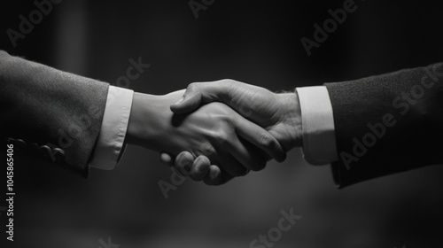 Close-up of two hands shaking in a professional setting, symbolizing partnership, agreement, and trust, captured in black and white for a timeless feel.