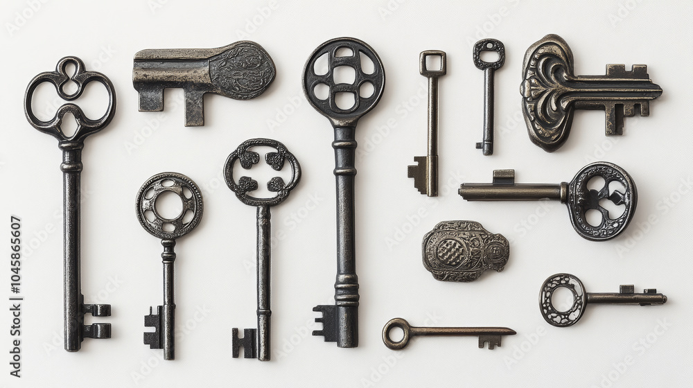 Design a sleek and modern display of various master keys on a white background. Design a sleek and modern display of various master keys on a white background.