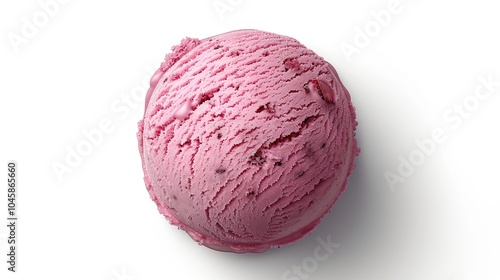 A single scoop of pink berry ice cream with swirls of fruit and visible fruit pieces, isolated on a white background.