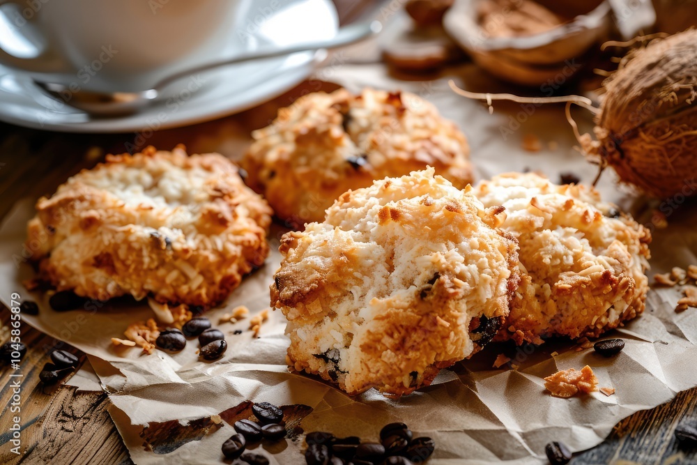 Coconut Cookies, Cocoanut Macaroons with Tea Cup, Biscuits with Coco Chips and Coffee Cup Coconut Cookies, Cocoanut Macaroons with Tea Cup, Biscuits with Coco Chips and Coffee Cup