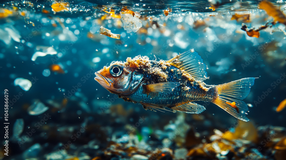 Fototapeta premium Goldfish swimming amid plastic waste in an ocean polluted by debris during daylight hours