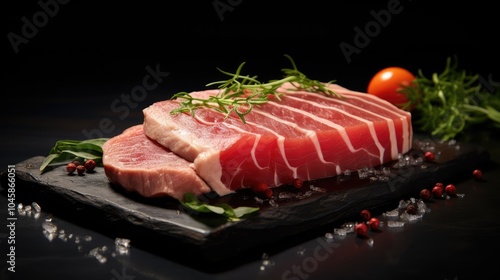 Raw tuna steak, Red sea fish fillet, fresh tuna filet, seafood sashimi, bluefin piece, akami, ahi loin