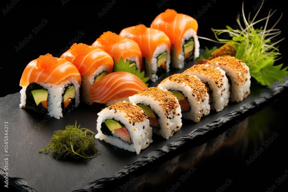 Sushi Set, Salmon Susi Rolls Lunch, Nori Maki, Nigiri Sushi Roll on Black Stone Plate Background Sushi Set, Salmon Susi Rolls Lunch, Nori Maki, Nigiri Sushi Roll on Black Stone Plate Background