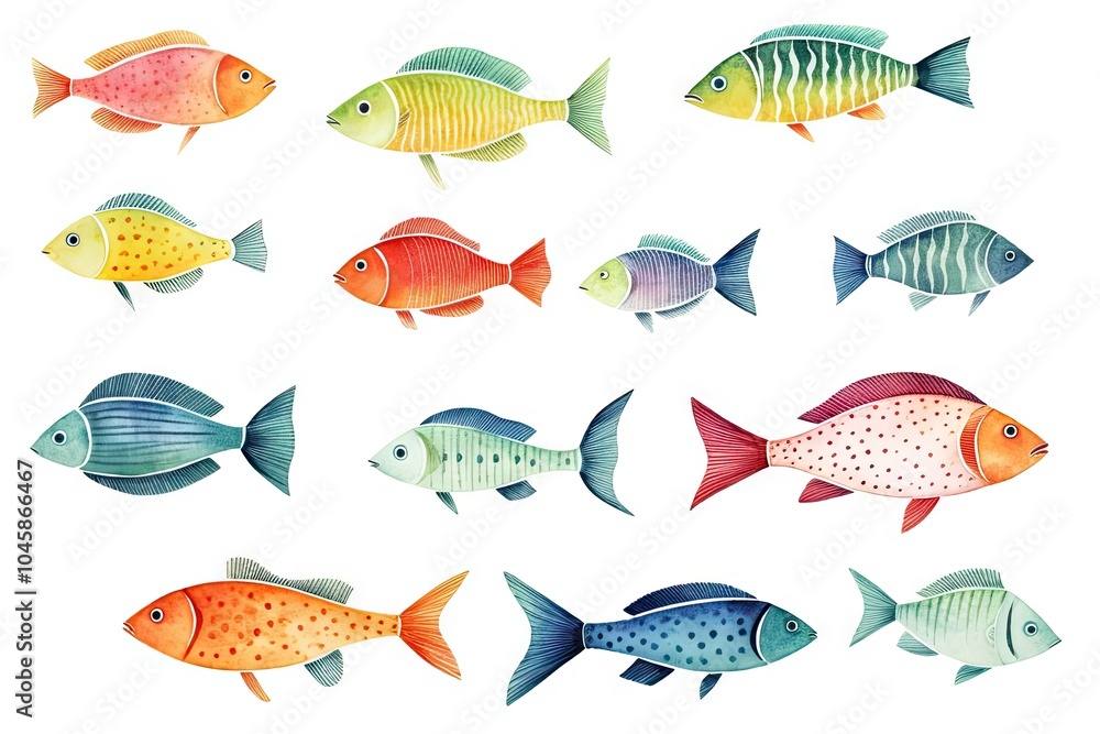 Fototapeta premium Watercolor Fishes Isolated, Sketched Fish Flock, Doodle Fish Set on White Background