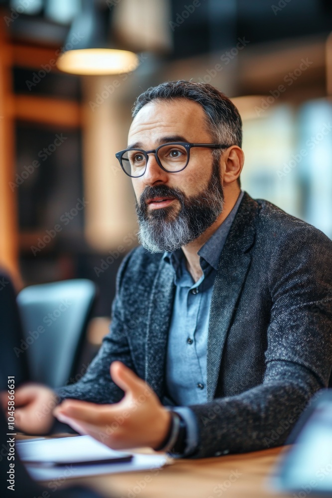Obraz premium Confident business professional with glasses discussing ideas in a modern office setting, showcasing leadership and effective communication skills.