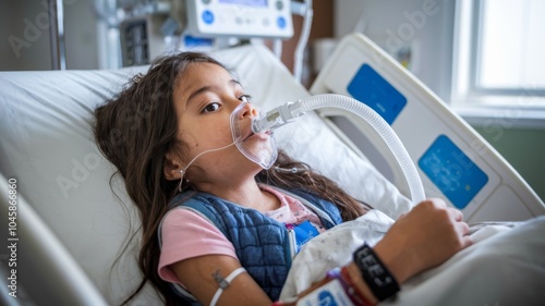 Young Girl in Hospital Bed with Medical Equipment