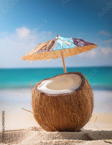 Wallpaper Mural Coconut on sandy beach with a colorful sun umbrella enjoying a bright sunny day by the ocean. Generative AI Torontodigital.ca