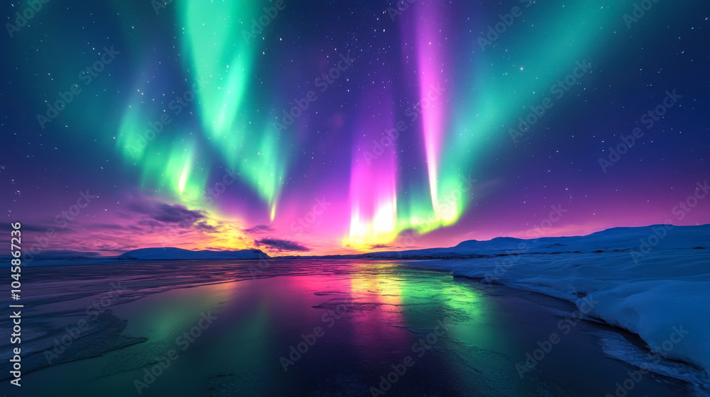 Northern lights illuminate the night sky over a tranquil lake with snow-covered mountains in wintertime Iceland Northern lights illuminate the night sky over a tranquil lake with snow-covered mountains in wintertime Iceland