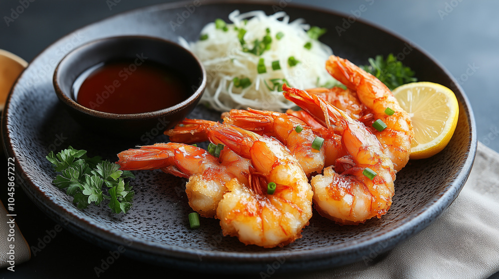 Crispy Shrimp Tempura on Traditional Japanese Plate Crispy Shrimp Tempura on Traditional Japanese Plate