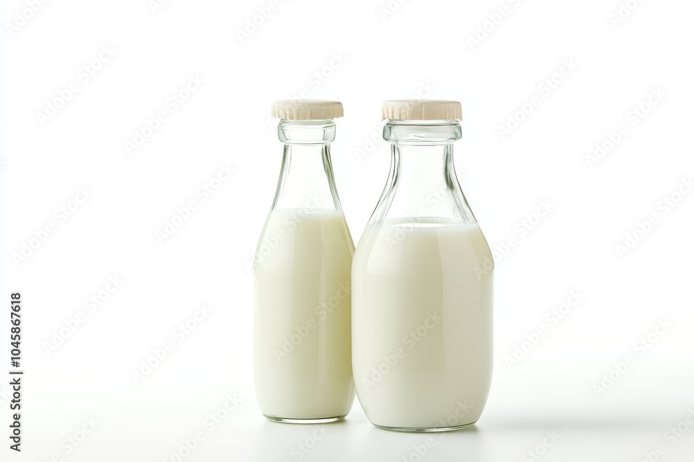 Two glass bottles of milk with cream tops and white caps, isolated on a white background. Two glass bottles of milk with cream tops and white caps, isolated on a white background.