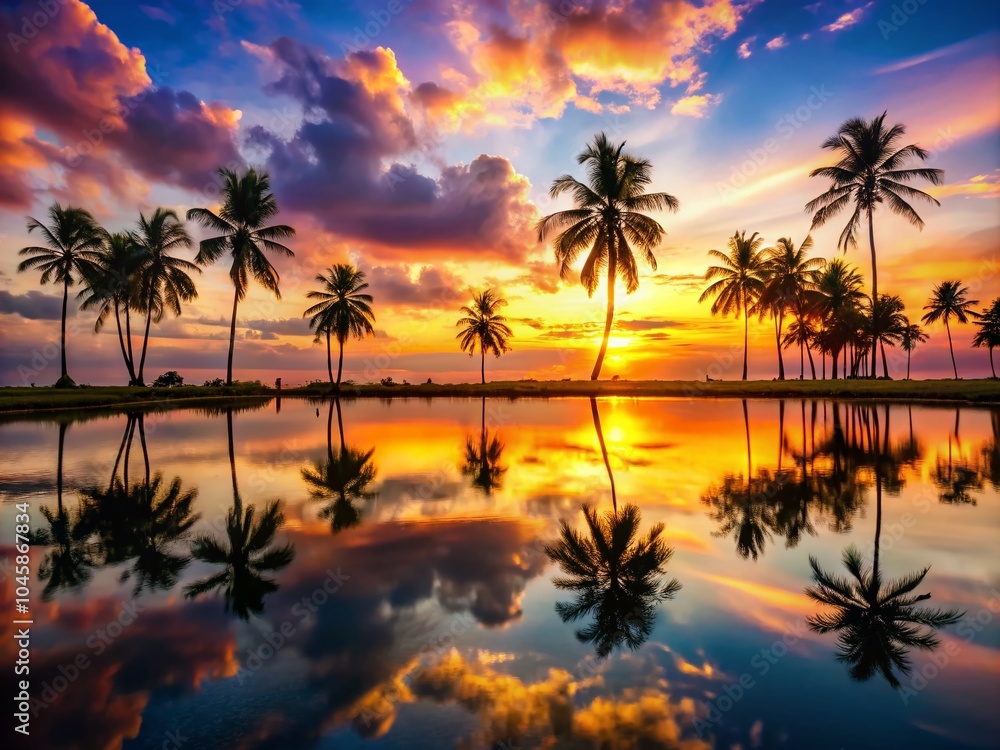Stunning Sunset Silhouette of Palm Trees Reflecting on Water for Travel and Nature Photography Stunning Sunset Silhouette of Palm Trees Reflecting on Water for Travel and Nature Photography