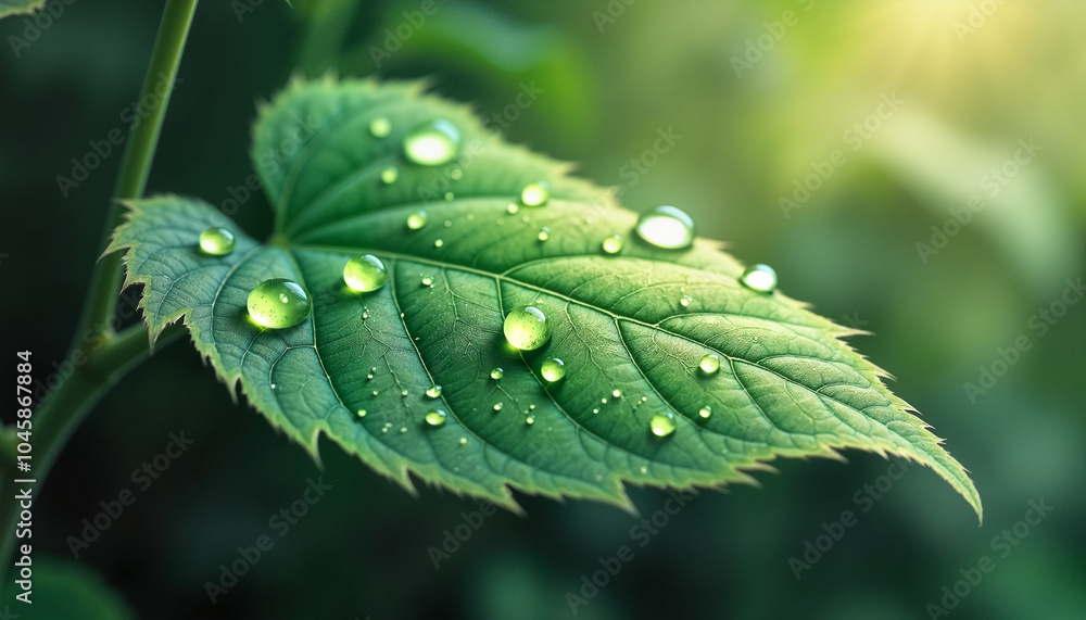 Close-up of a vibrant green leaf with water droplets glistening in sunlight Close-up of a vibrant green leaf with water droplets glistening in sunlight