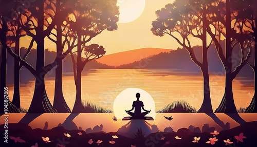 Arte no Papel, pessoa meditando na beira de um lago zen com um por do sol em um ambiente calmo e sereno photo