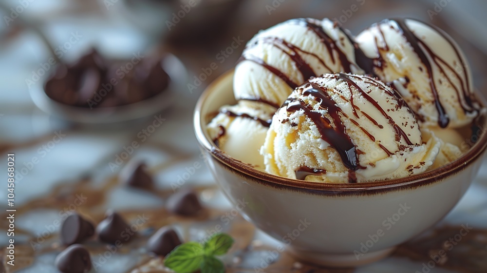 A bowl of vanilla ice cream topped with chocolate sauce and chocolate chips. A bowl of vanilla ice cream topped with chocolate sauce and chocolate chips.