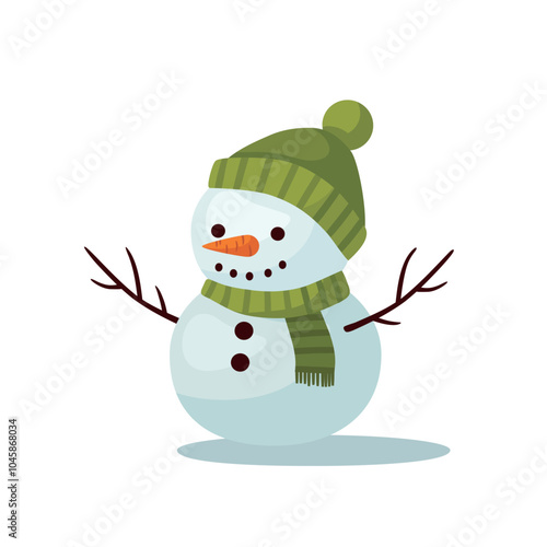 Snowman in green hat and scarf on a white background