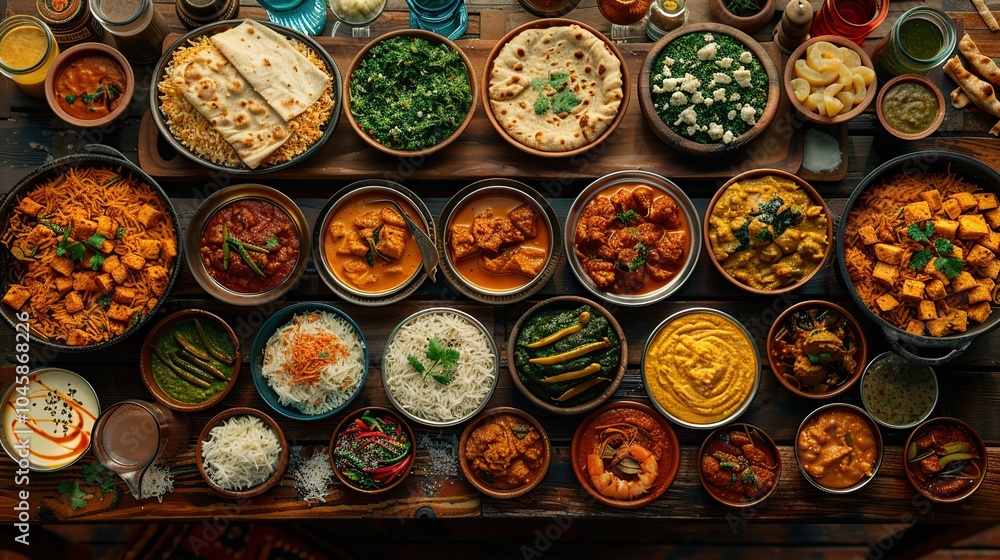 A table spread with a variety of Indian dishes, including curries, rice, naan bread, and chutneys. A table spread with a variety of Indian dishes, including curries, rice, naan bread, and chutneys.