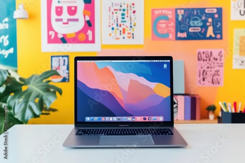 A sleek laptop rests on a desk surrounded by bright artwork and plants, creating an inspiring atmosphere for creativity and productivity. Generative AI