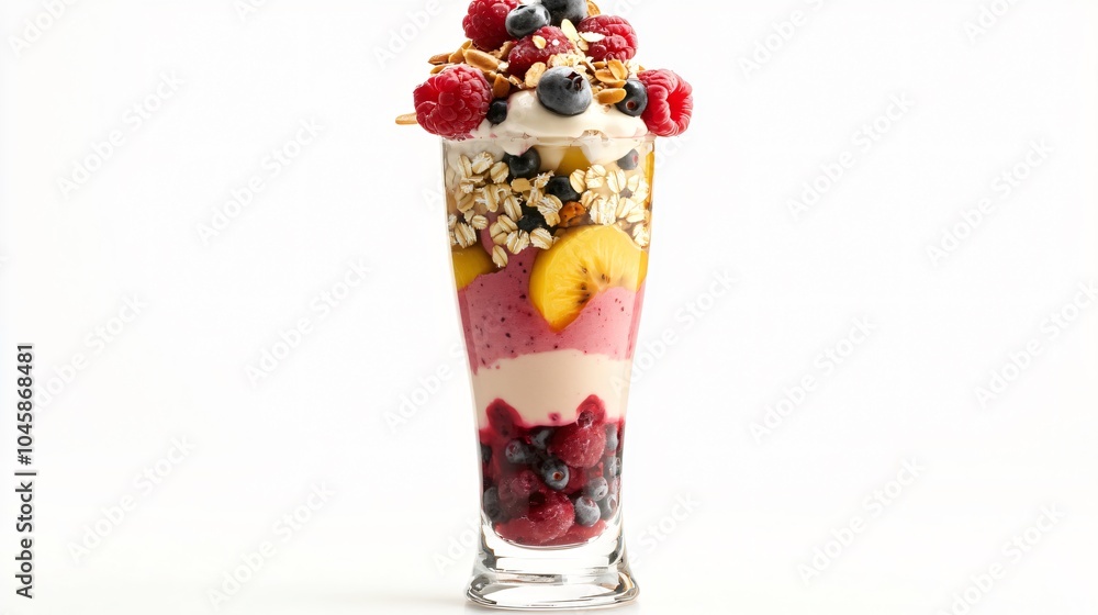 Delicious Fruit Smoothie in a Tall Glass with Granola and Berries Delicious Fruit Smoothie in a Tall Glass with Granola and Berries