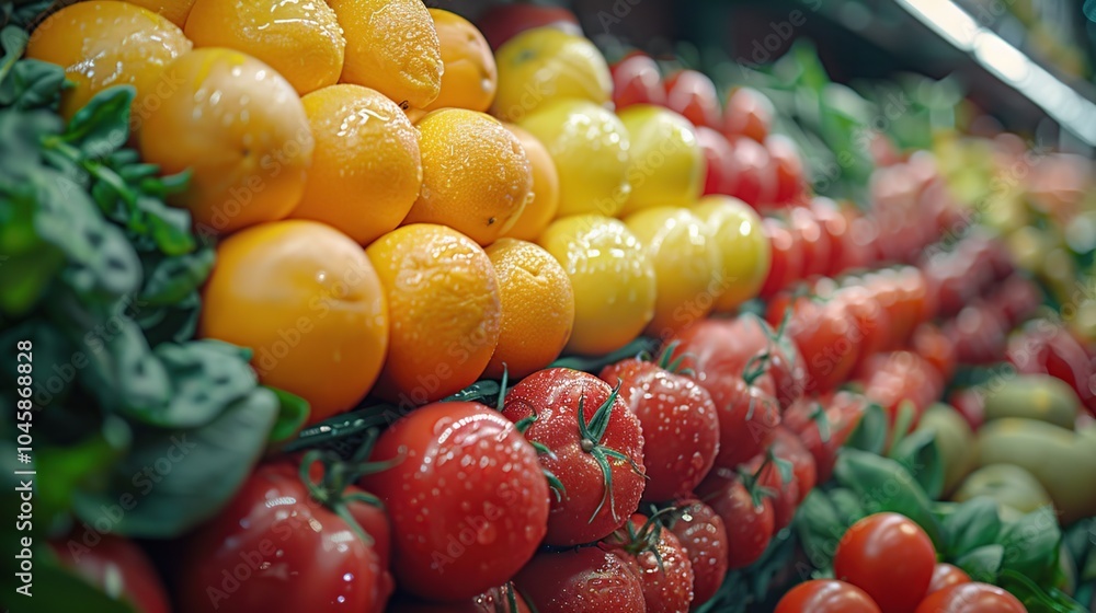 A colorful display of fresh produce at a grocery store, featuring oranges, lemons, and tomatoes, with water droplets glistening on the fruits. A colorful display of fresh produce at a grocery store, featuring oranges, lemons, and tomatoes, with water droplets glistening on the fruits.