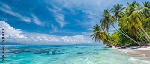 Picturesque tropical shoreline with palm trees, sandy beaches, and the tranquil blue ocean