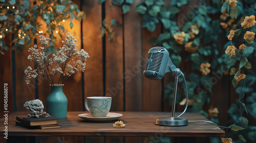 A cozy podcast setup with a rustic wooden backdrop, adorned with ivy vines and dried flowers. The microphone sits on an antique-style wooden desk with a teacup and books.  photo