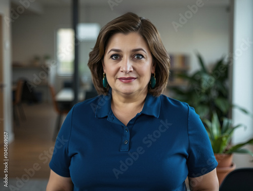 woman in her 40s wearing blue shirt, team leader, chic polo, break room, succulents, blurry background
