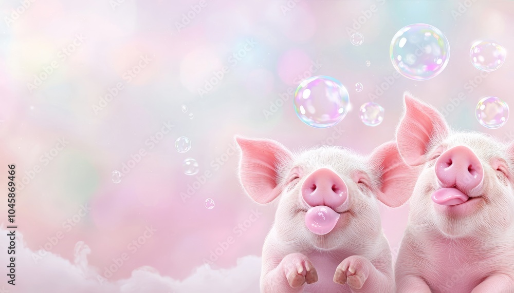 Fototapeta premium Cute piglets blowing bubbles, set against a studio background of dynamic pastel swirls, abstract cloud shapes, and rainbow gradients.