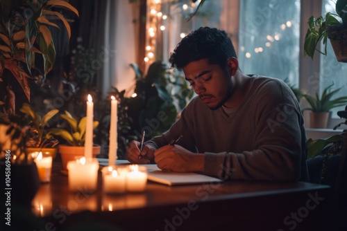 Cozy Indoor Scene: Young Man Writing in Notebook Surrounded by Candles and Indoor Plants, Creating a Warm, Introspective Atmosphere at Dusk.