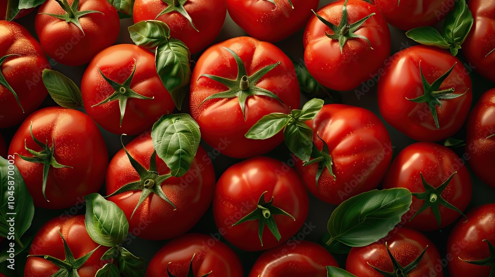A close-up shot of a group of fresh ripe red tomatoes with green basil leaves. A close-up shot of a group of fresh ripe red tomatoes with green basil leaves.