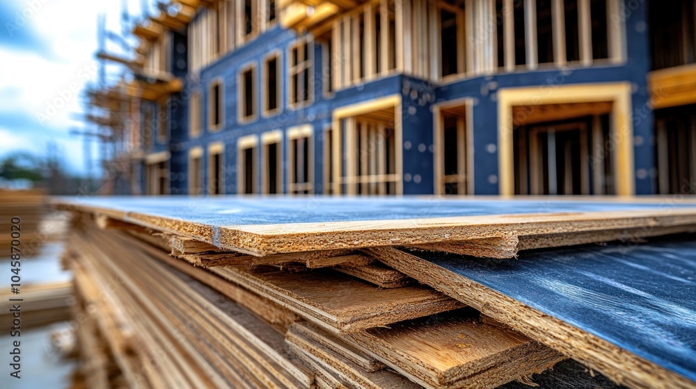 Stack of plywood sheets in front of unfinished building under construction. Stack of plywood sheets in front of unfinished building under construction.