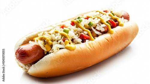 Closeup of a Delicious Hot Dog with Sauerkraut, Onions and Mustard