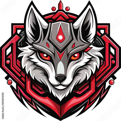Cyberpunk Wolf Head Red Grey Geometric Design