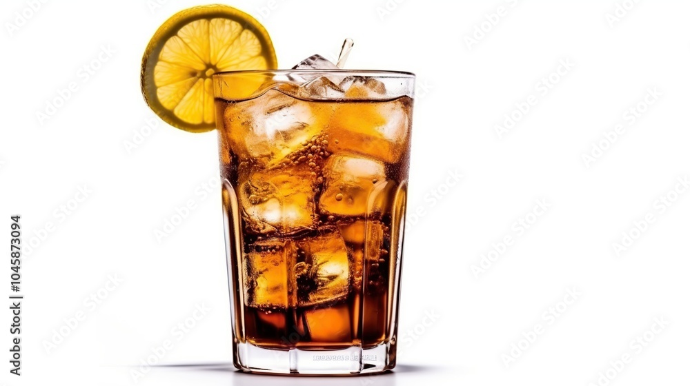 A tall glass of cola with ice cubes and a lemon wedge on a white background. A tall glass of cola with ice cubes and a lemon wedge on a white background.