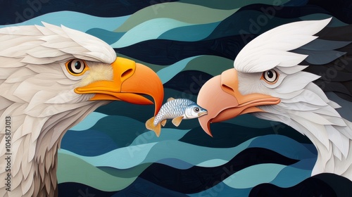 A collage of bald eagles holding tiny fish in their beaks, set on a studio backdrop featuring water ripple patterns and bold waves in blue and green hues. photo