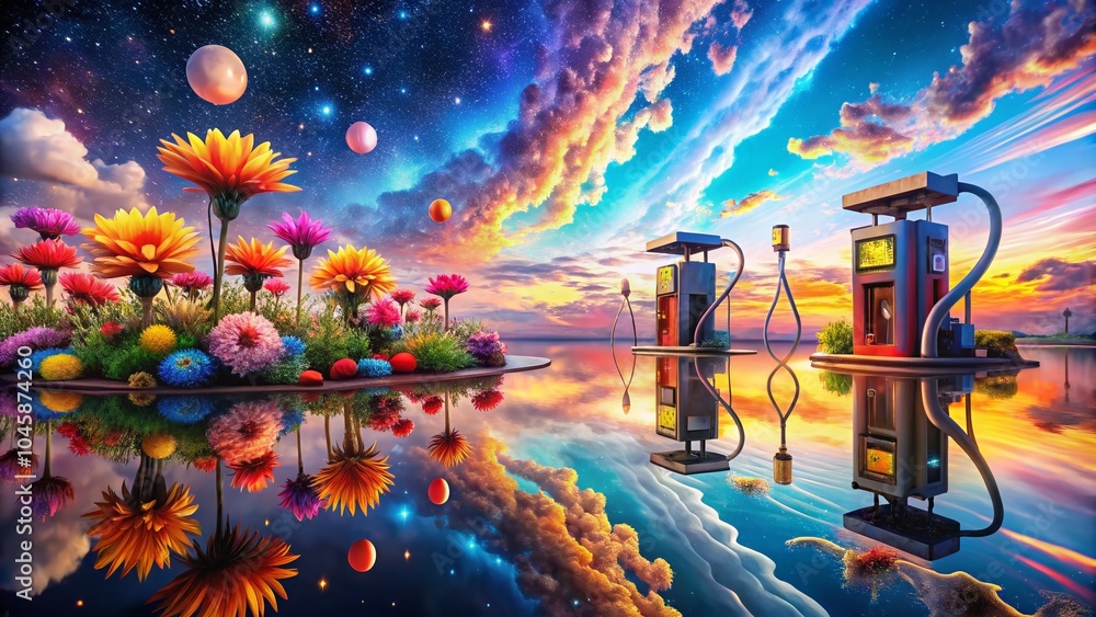 Obraz premium Surreal Fuel Pumps at Twilight - A Dreamlike Scene of Petrol Stations in an Otherworldly Landscape