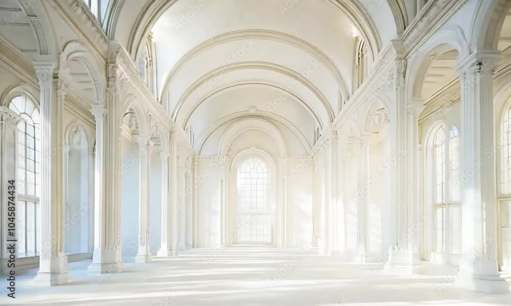 Sunlit cathedral interior with arched columns Sunlit cathedral interior with arched columns