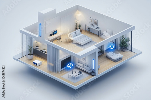 A detailed illustration of a home interior with two wireless mesh routers