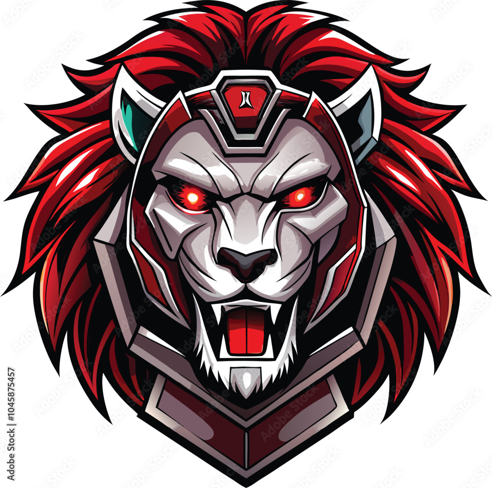 Fototapeta premium RedEyed Cybernetic Lion Mascot with Red Mane